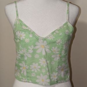 Green Floral Crop Tank Top with Spaghetti Straps - NWT Size M